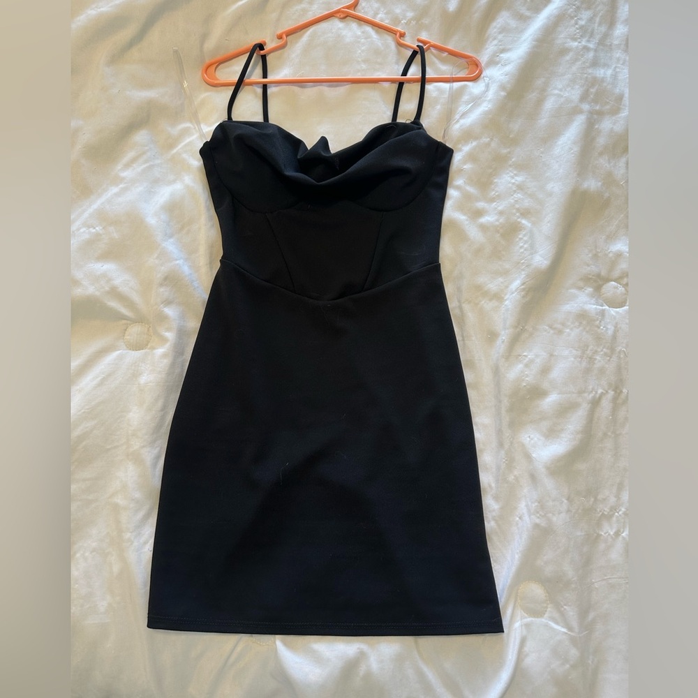 Windsor cowl neck black mini dress